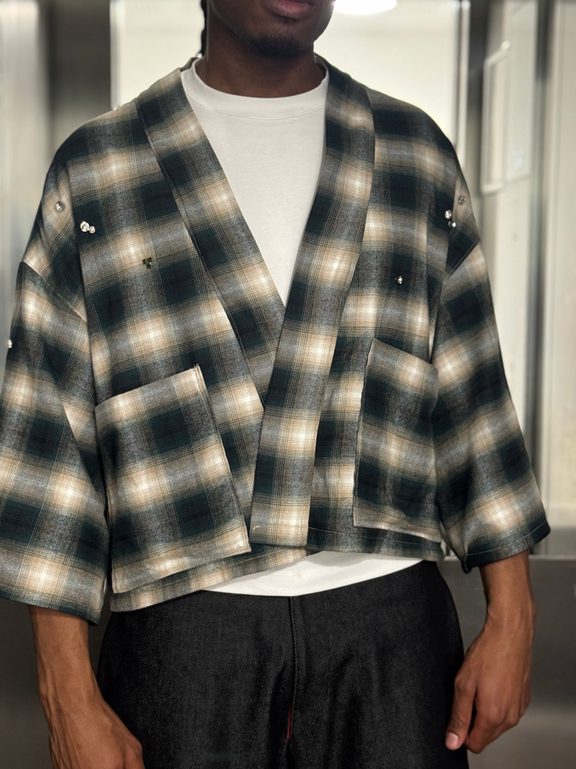 Embellished Flannel Kimono In Emerald Haze