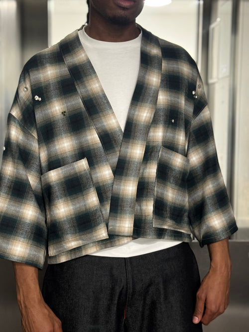 Embellished Flannel Kimono In Emerald Haze