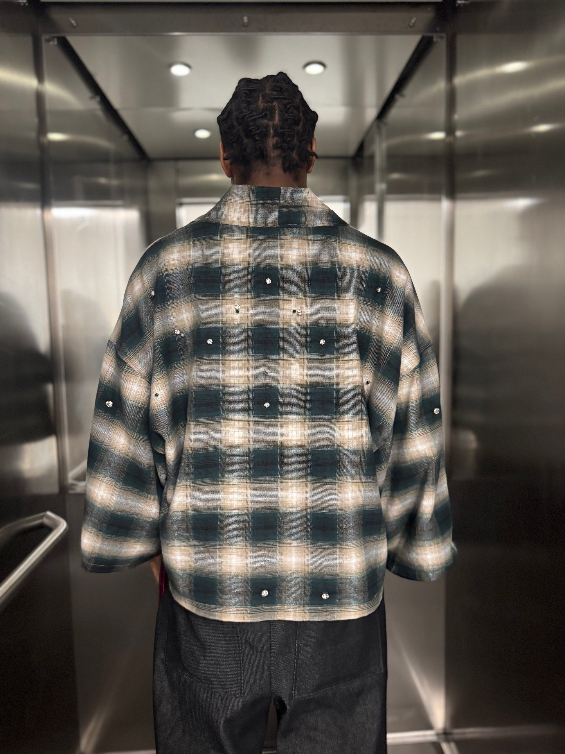 Embellished Flannel Kimono In Emerald Haze
